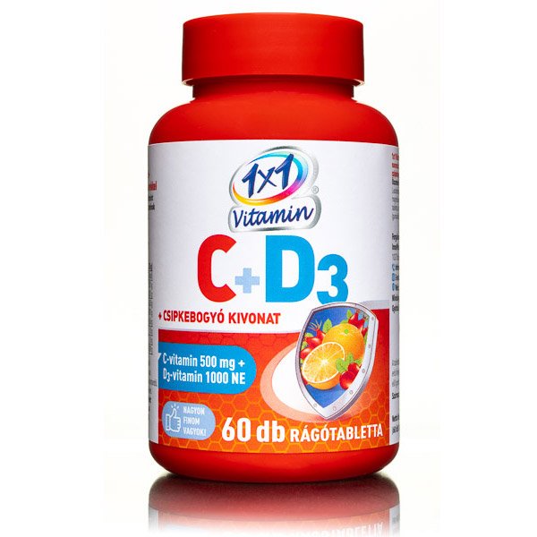 1x1 Vitamin C-vitamin 500 mg + D3-vitamin 1000 NE csipkebogyó kivonattal rágótabletta (60x)