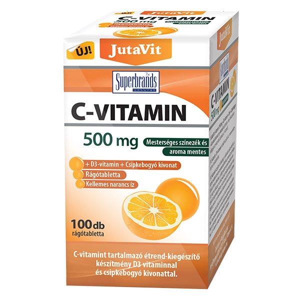 JutaVit C-vitamin 500 mg + D3-vitamin + csipkebogyó kivonattal narancs ízű rágótabletta (100x)