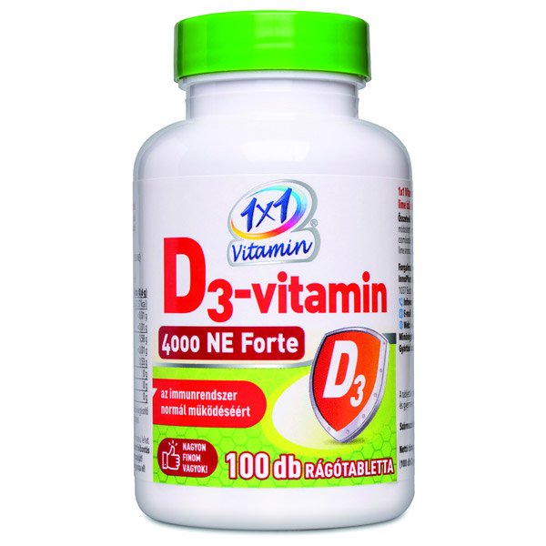 Az 1x1 Vitamin D3-vitamin 4000 NE Forte rágótablettában (étrend-kiegészítő készítmény) található D-vitamin hozzájárul az immunrendszer normál működéséhez. Lime ízesítéssel.