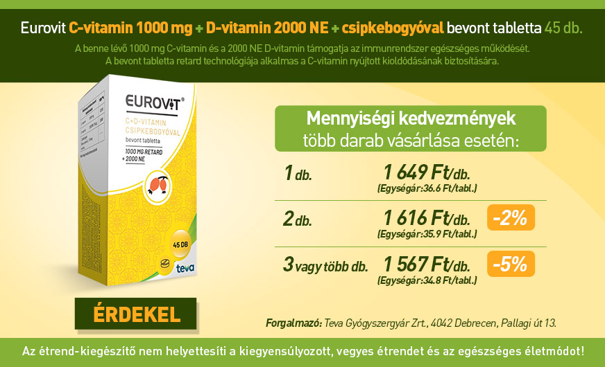 Eurovit C-vitamin 1000 mg + D-vitamin 2000 NE + csipkebogyóval bevont tabletta (45x) 