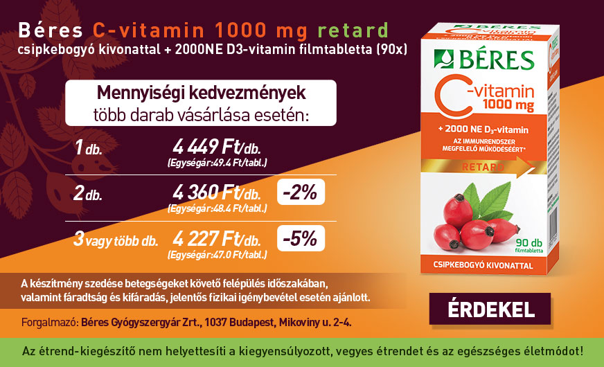 Béres C-vitamin 1000 mg retard csipkebogyó kivonattal + 2000NE D3-vitamin filmtabletta (90x)