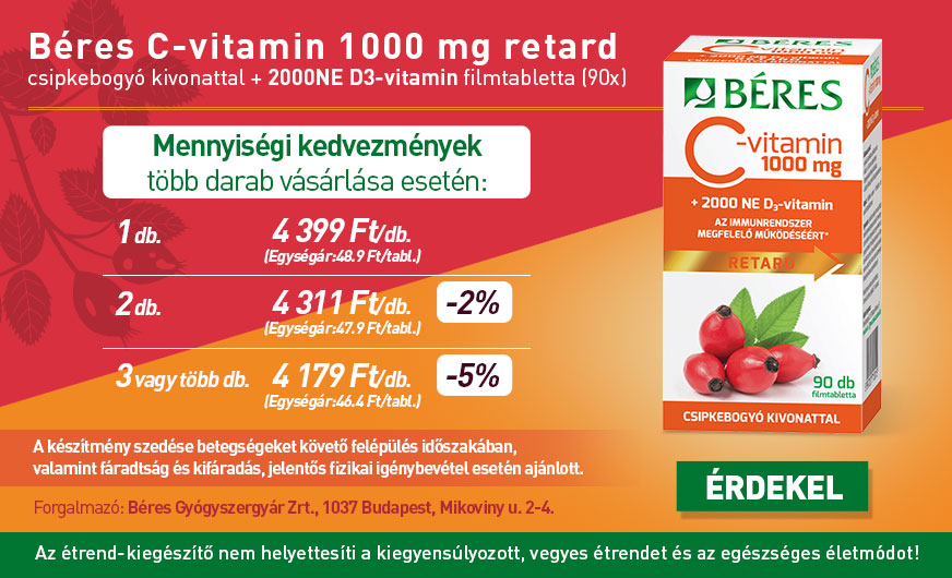 Béres C-vitamin 1000 mg retard csipkebogyó kivonattal + 2000NE D3-vitamin filmtabletta (90x)